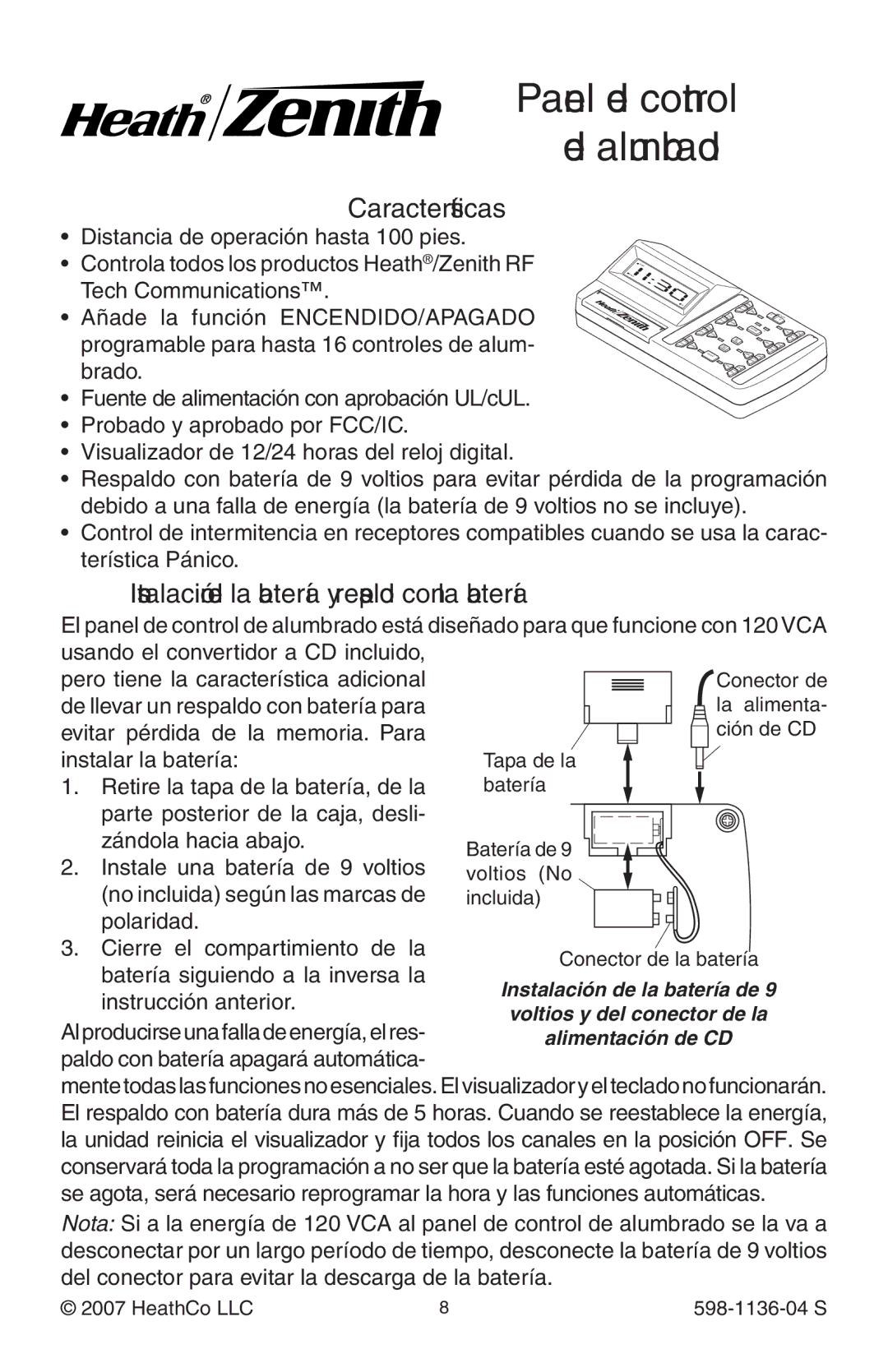 Heath Zenith 598-1136-04 manual Características, Instalación de la batería y respaldo con la batería 