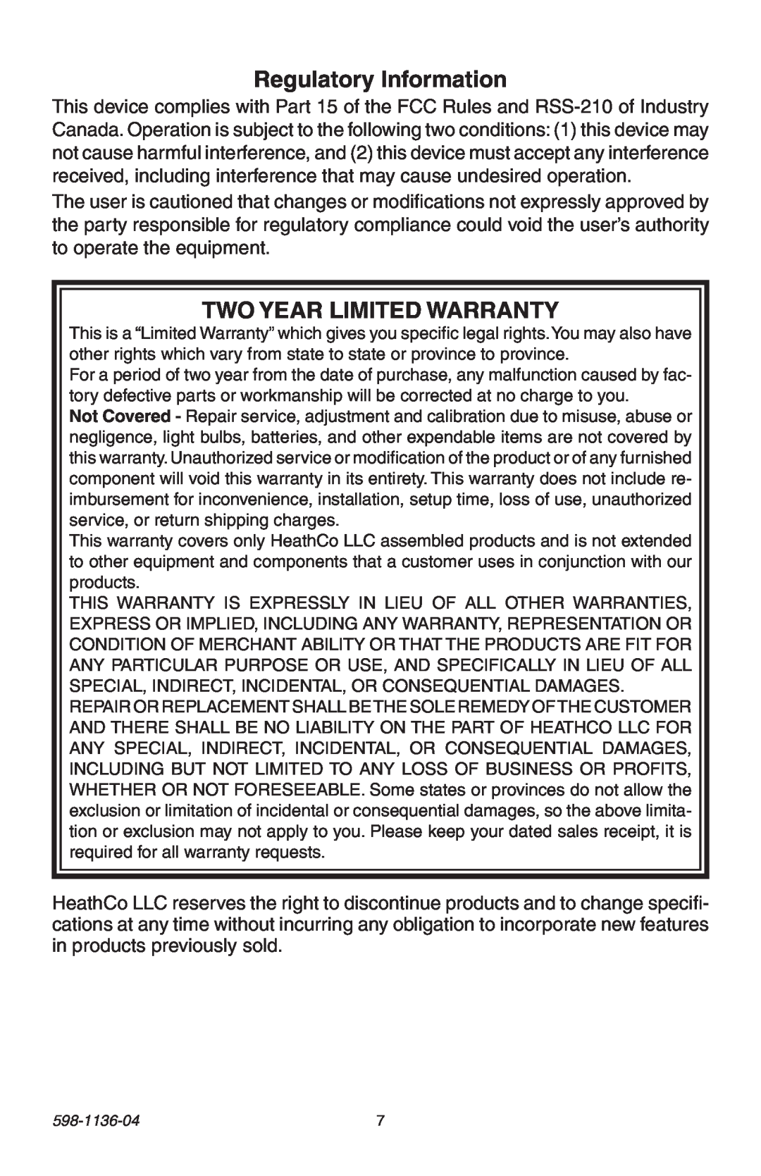 Heath Zenith 598-1136-04 manual Regulatory Information, Two Year Limited Warranty 