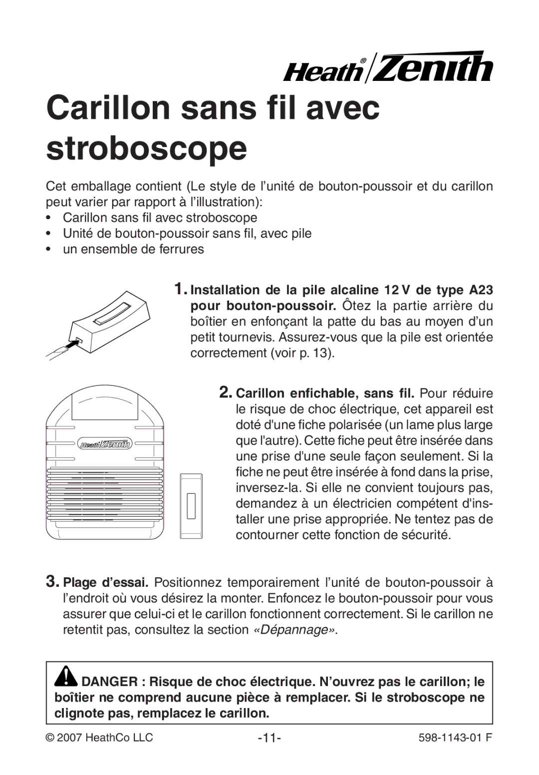 Heath Zenith 598-1143-01 manual Carillon sans fil avec stroboscope 