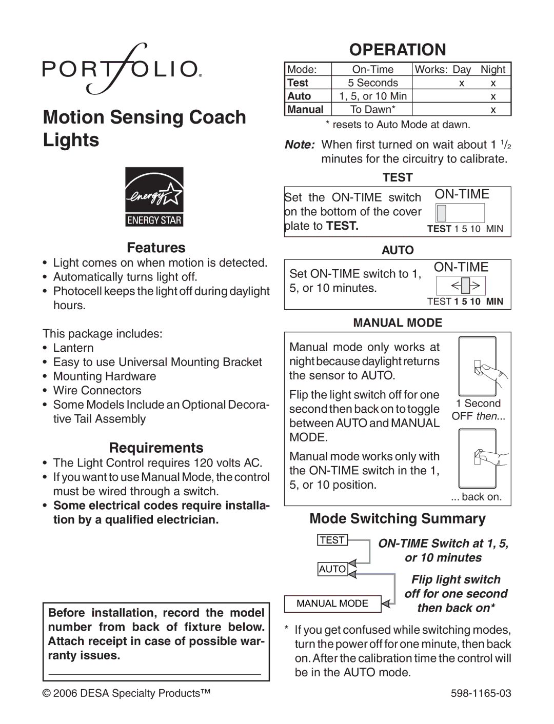 Heath Zenith 598-1165-03 warranty Operation, Features, Requirements, Mode Switching Summary 