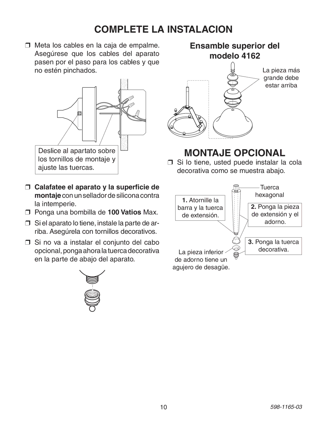 Heath Zenith 598-1165-03 warranty Complete LA Instalacion, Montaje Opcional, Ensamble superior del Modelo 