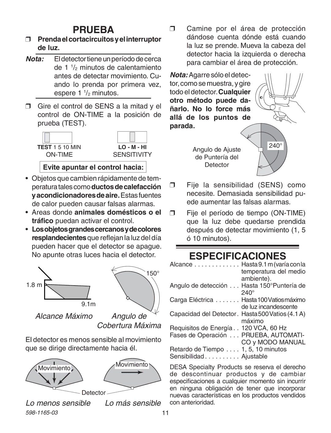 Heath Zenith 598-1165-03 warranty Prueba, Especificaciones, Prendaelcortacircuitosyelinterruptor de luz 