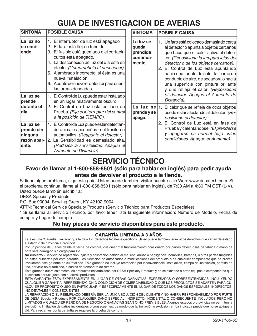 Heath Zenith 598-1165-03 warranty Guia DE Investigacion DE Averias, Servicio Técnico 