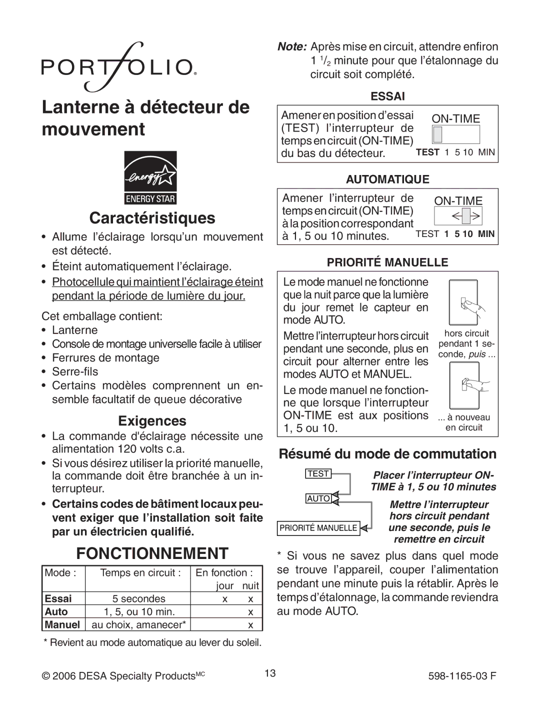 Heath Zenith 598-1165-03 warranty Fonctionnement, Exigences, Résumé du mode de commutation, Par un électricien qualifié 