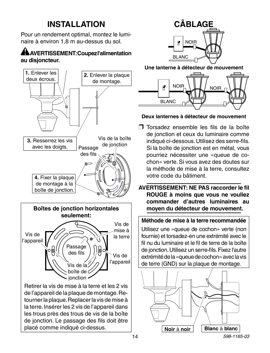 Heath Zenith 598-1165-03 warranty Câblage, AVERTISSEMENTCoupezlalimentation au disjoncteur 