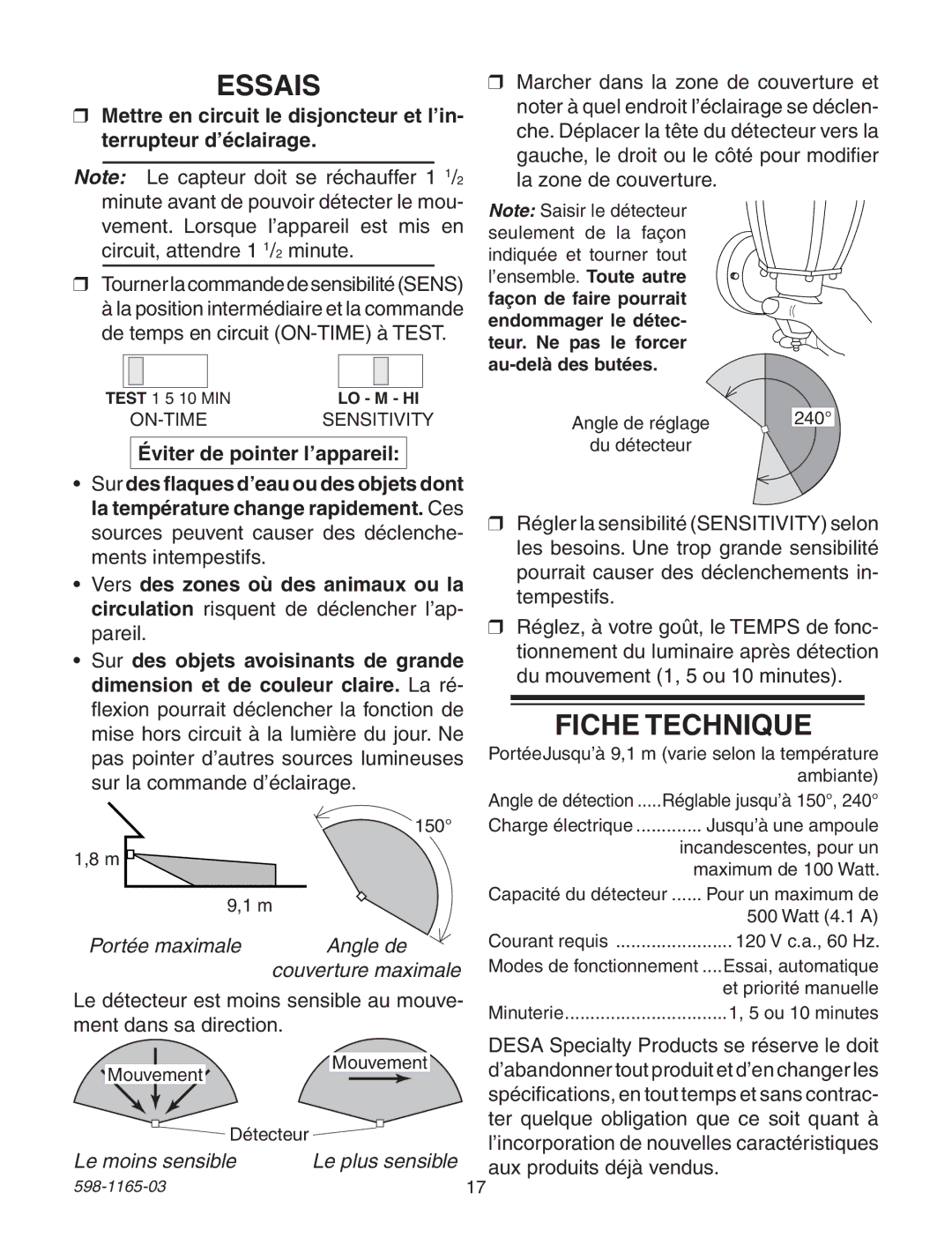 Heath Zenith 598-1165-03 warranty Essais, Fiche Technique 