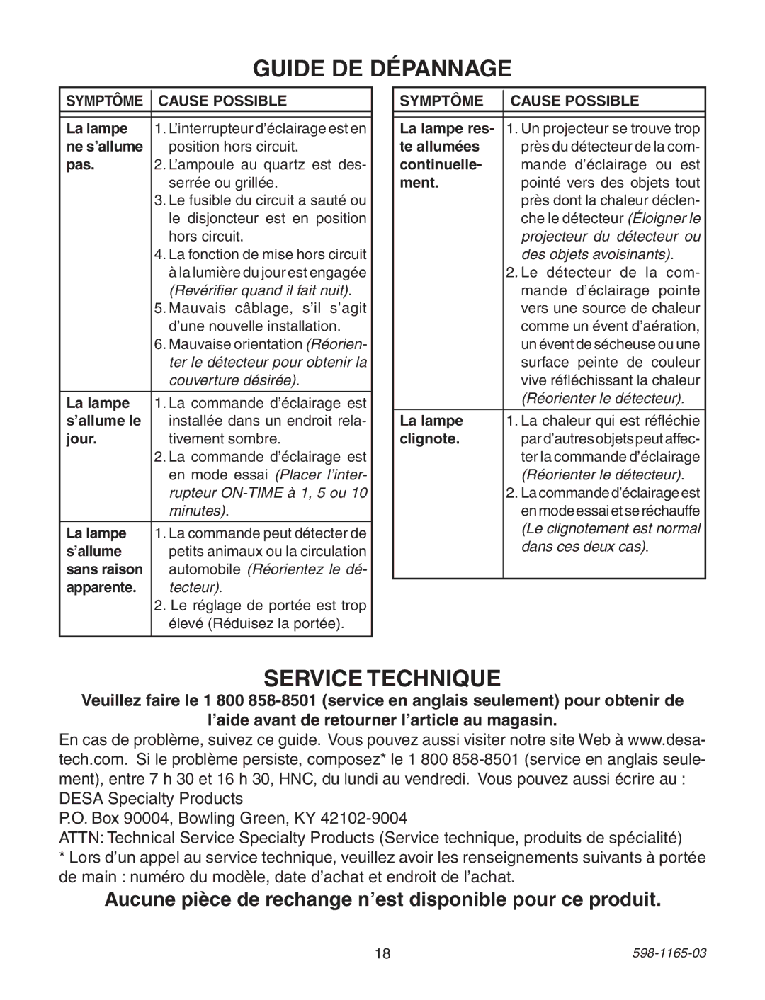 Heath Zenith 598-1165-03 Guide DE Dépannage, Service Technique, Aucune pièce de rechange n’est disponible pour ce produit 