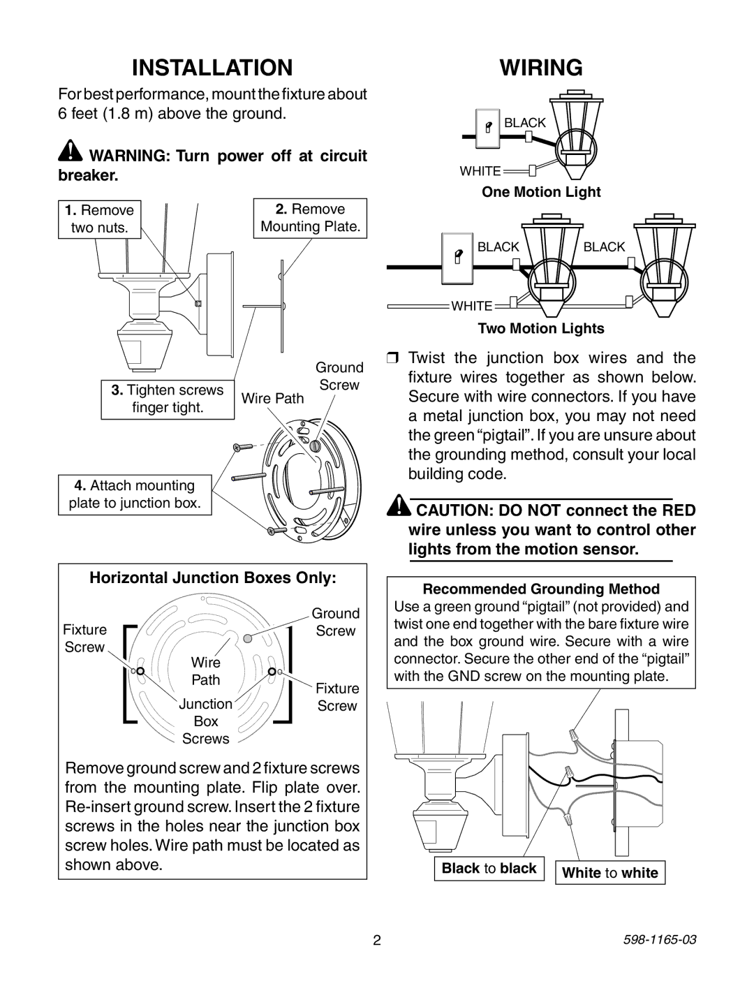 Heath Zenith 598-1165-03 warranty Installation, Wiring, Horizontal Junction Boxes Only 