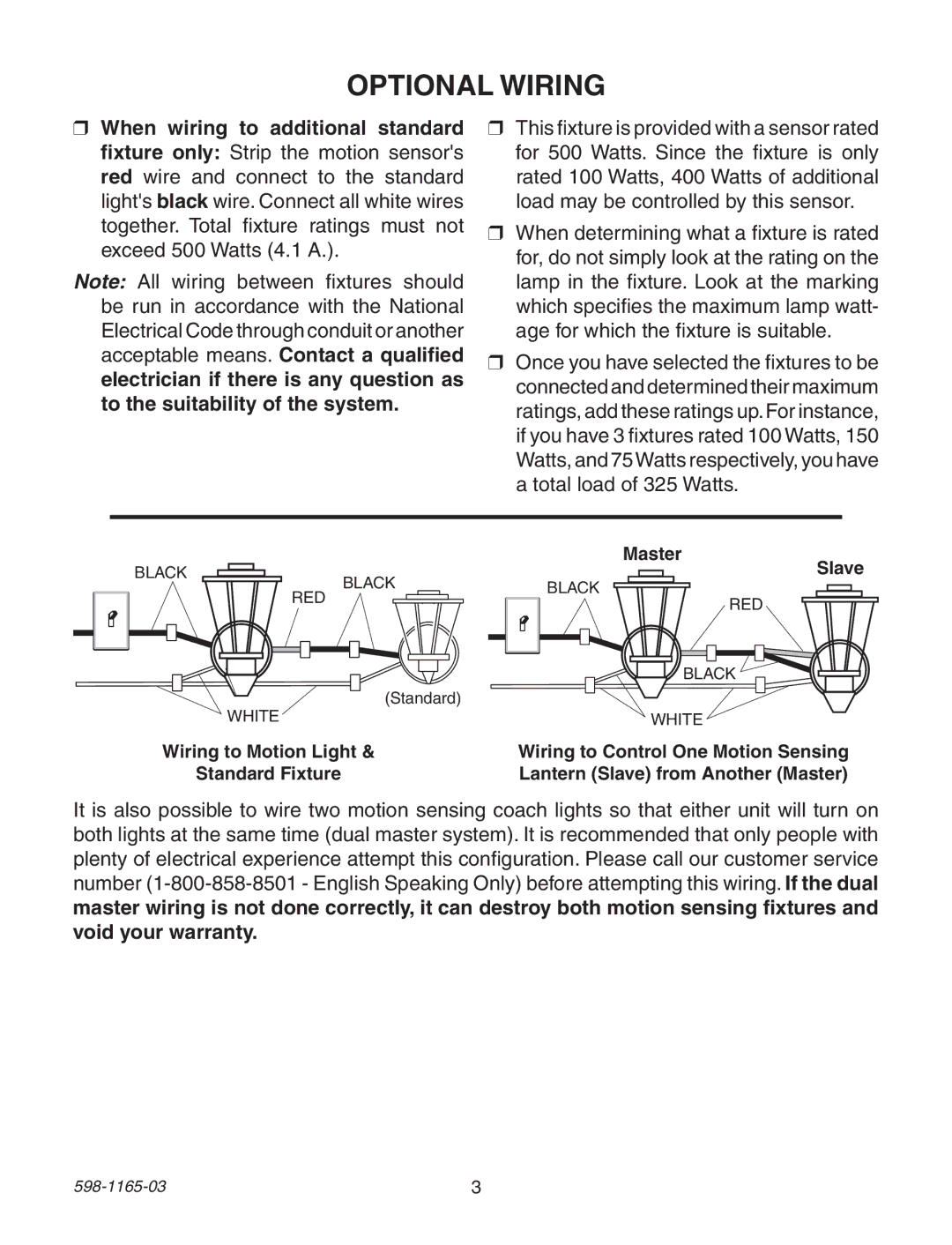 Heath Zenith 598-1165-03 warranty Optional Wiring, Wiring to Motion Light Standard Fixture Master Slave 