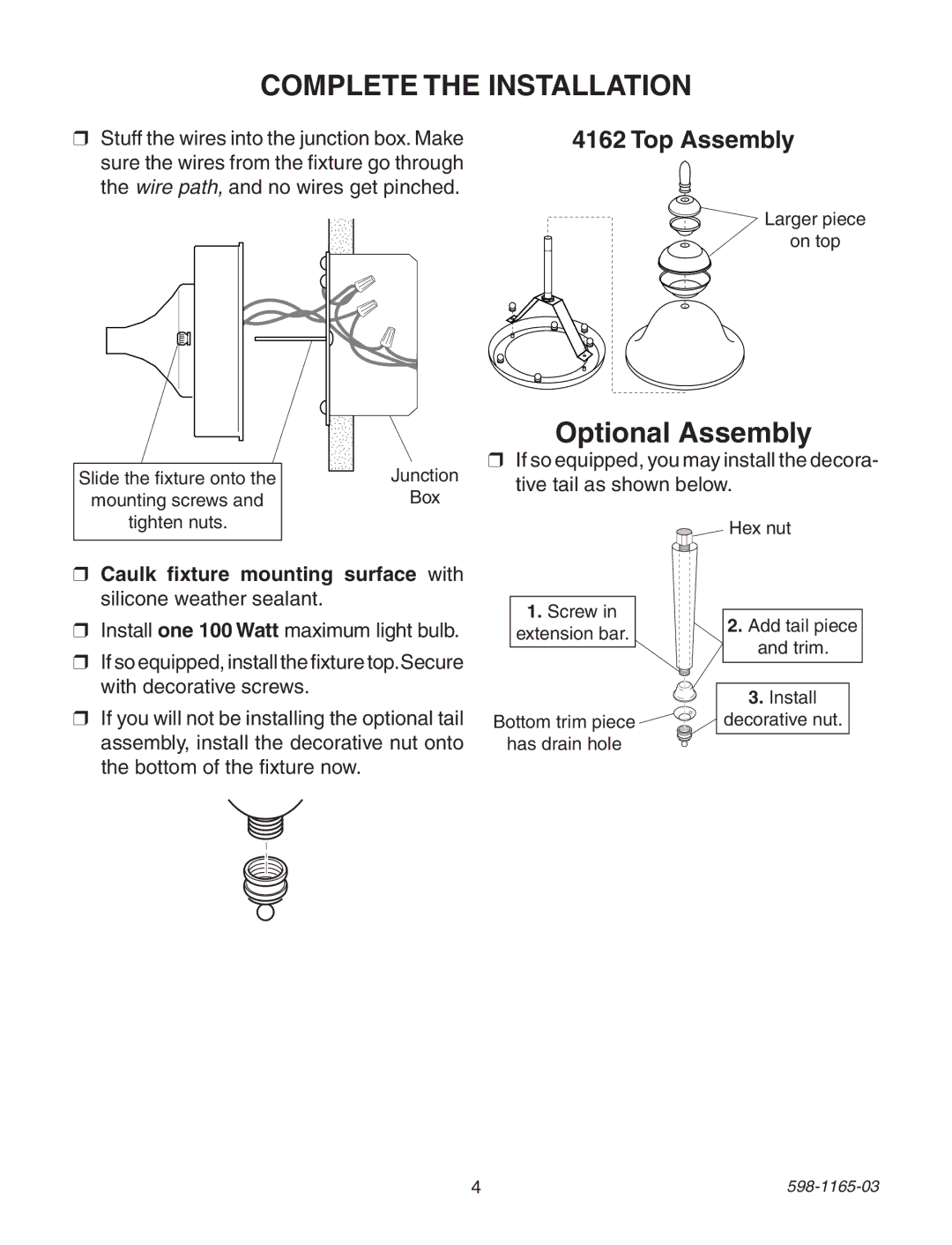 Heath Zenith 598-1165-03 warranty Complete the Installation, Top Assembly 