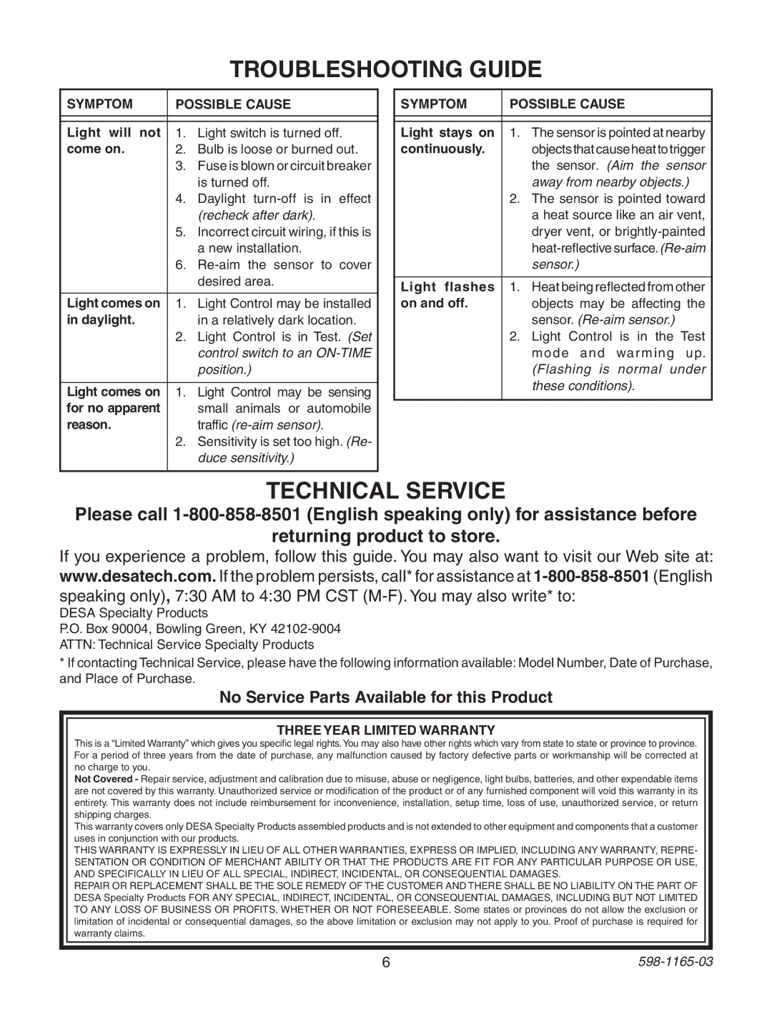 Heath Zenith 598-1165-03 warranty Troubleshooting Guide, No Service Parts Available for this Product 