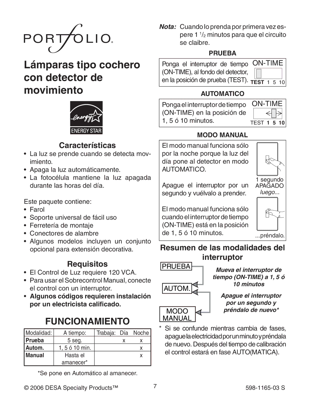 Heath Zenith 598-1165-03 Funcionamiento, Características, Resumen de las modalidades del Interruptor Requisitos, Prueba 