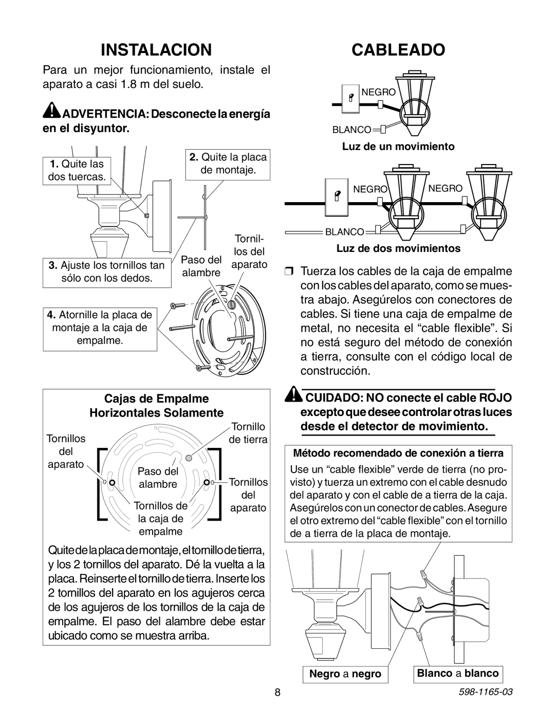 Heath Zenith 598-1165-03 warranty Instalacion, Cableado, ADVERTENCIADesconecte la energía en el disyuntor 