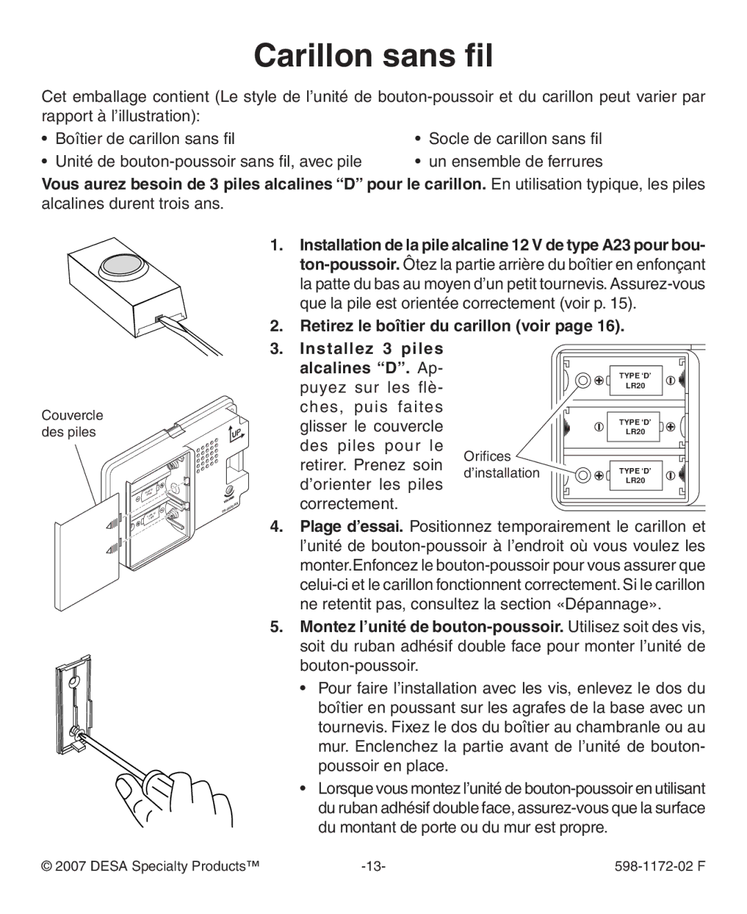 Heath Zenith 598-1172-02 manual Carillon sans fil, Retirez le boîtier du carillon voir 