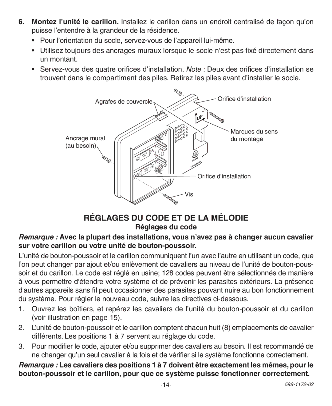 Heath Zenith 598-1172-02 manual Réglages du code et de la mélodie 