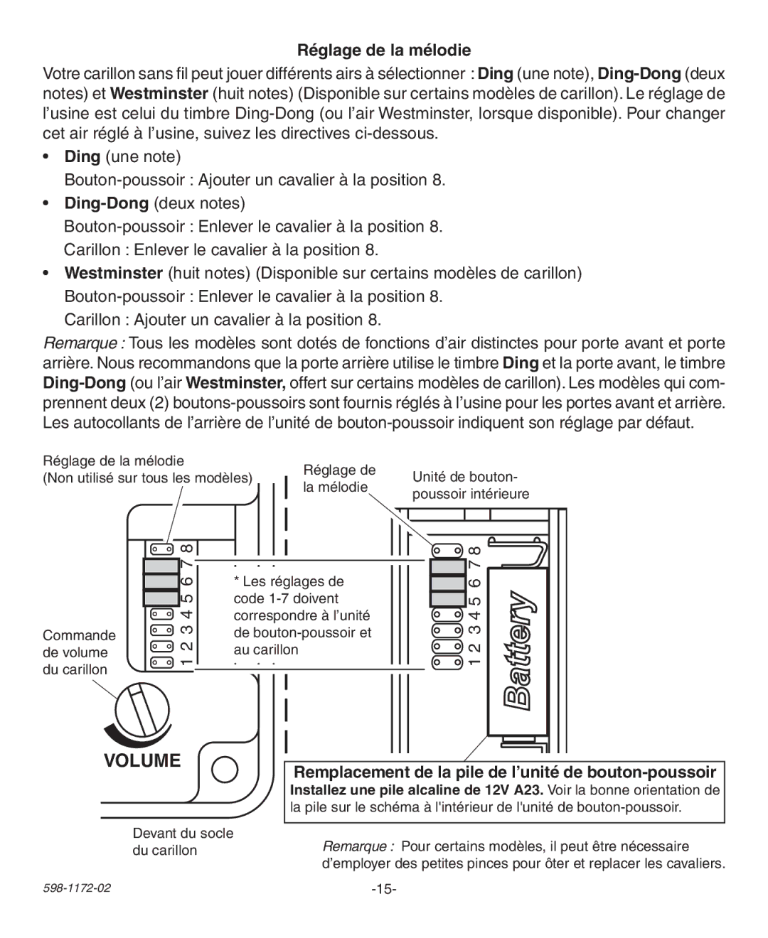 Heath Zenith 598-1172-02 manual Réglage de la mélodie, Remplacement de la pile de l’unité de bouton-poussoir 