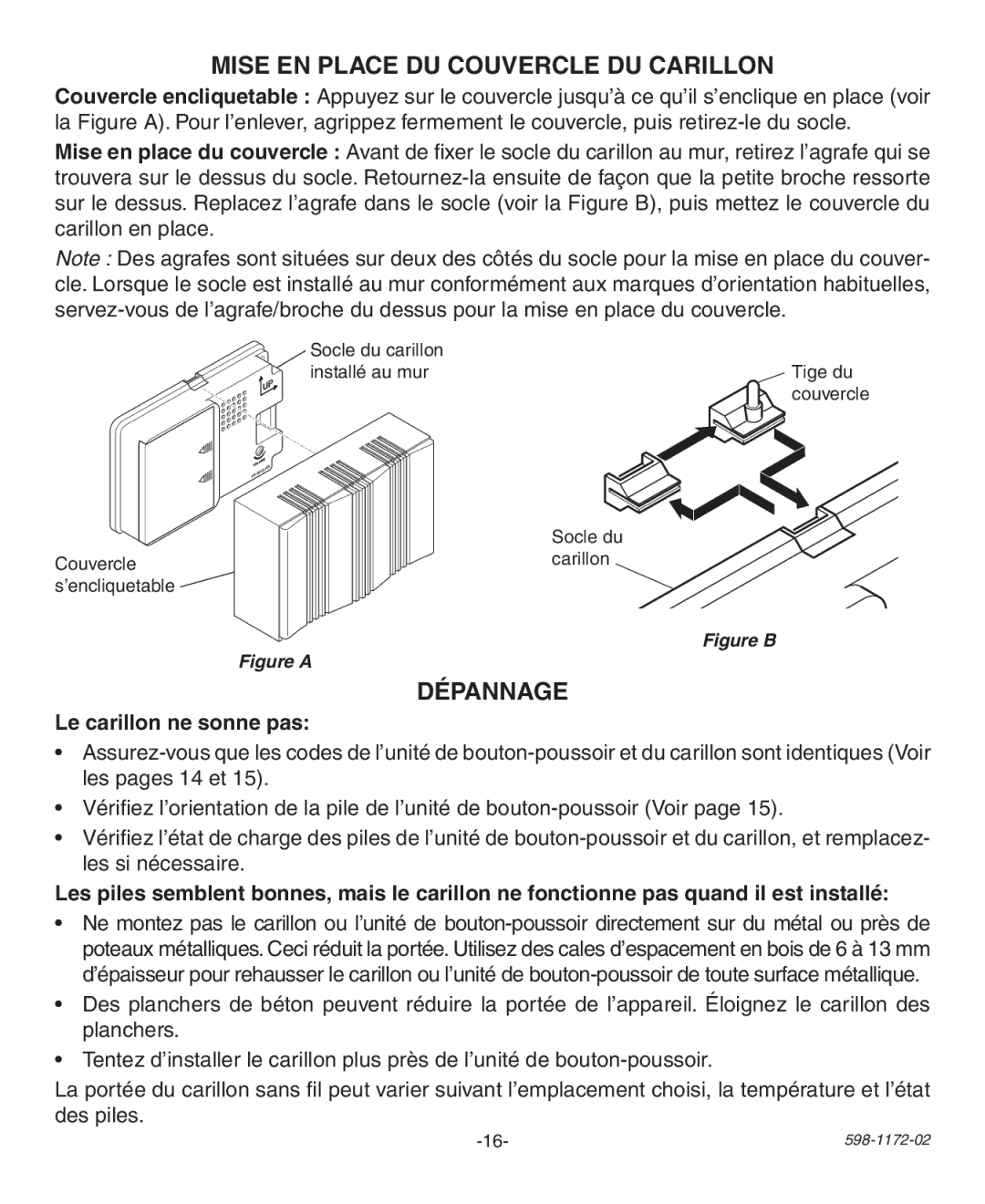 Heath Zenith 598-1172-02 manual Mise EN Place DU Couvercle DU Carillon, Dépannage, Le carillon ne sonne pas 