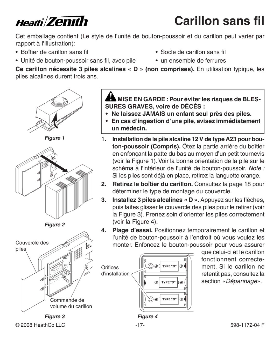 Heath Zenith 598-1172-04 manual Carillon sans fil 