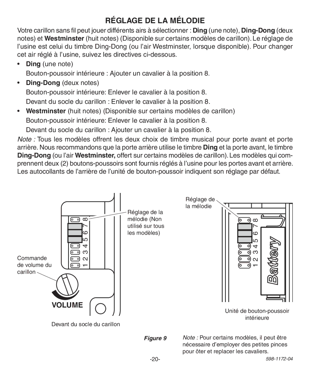 Heath Zenith 598-1172-04 manual Réglage de la mélodie 