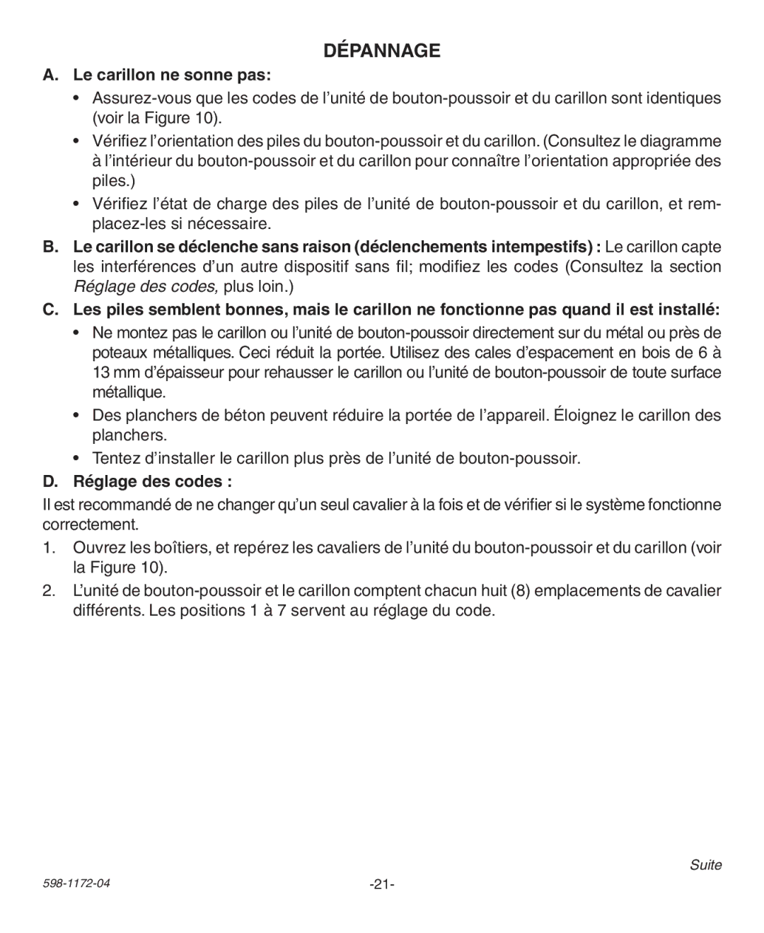 Heath Zenith 598-1172-04 manual Dépannage, Le carillon ne sonne pas, Réglage des codes 