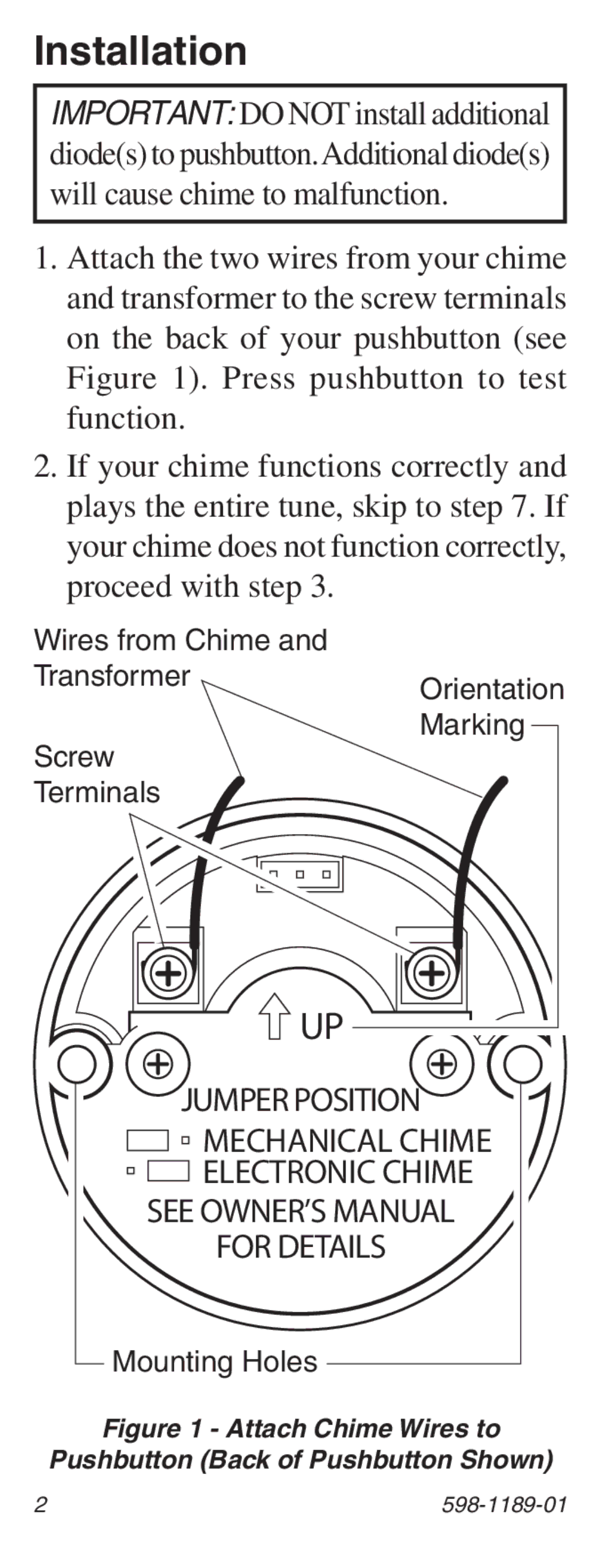 Heath Zenith 598-1189-01 manual Installation, Attach Chime Wires to Pushbutton Back of Pushbutton Shown 