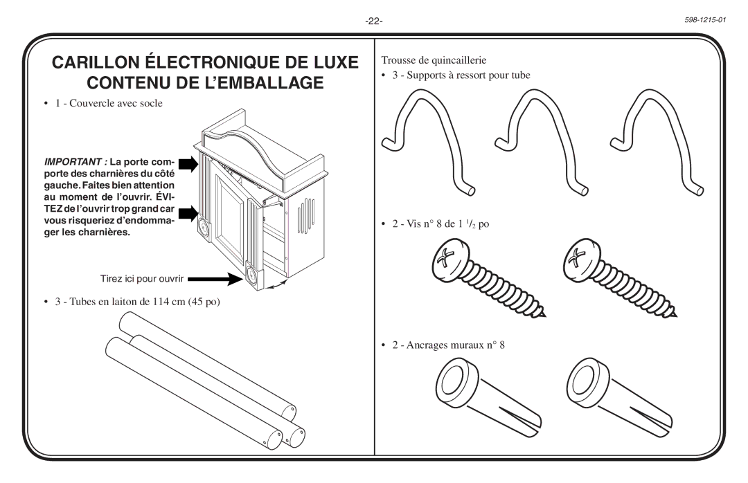 Heath Zenith 598-1215-01 owner manual Carillon électronique de luxe Contenu de l’emballage, Couvercle avec socle 