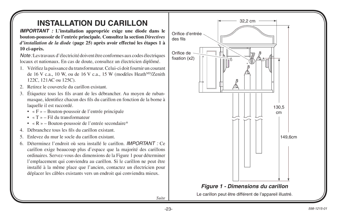 Heath Zenith 598-1215-01 owner manual Installation DU Carillon, Dimensions du carillon 