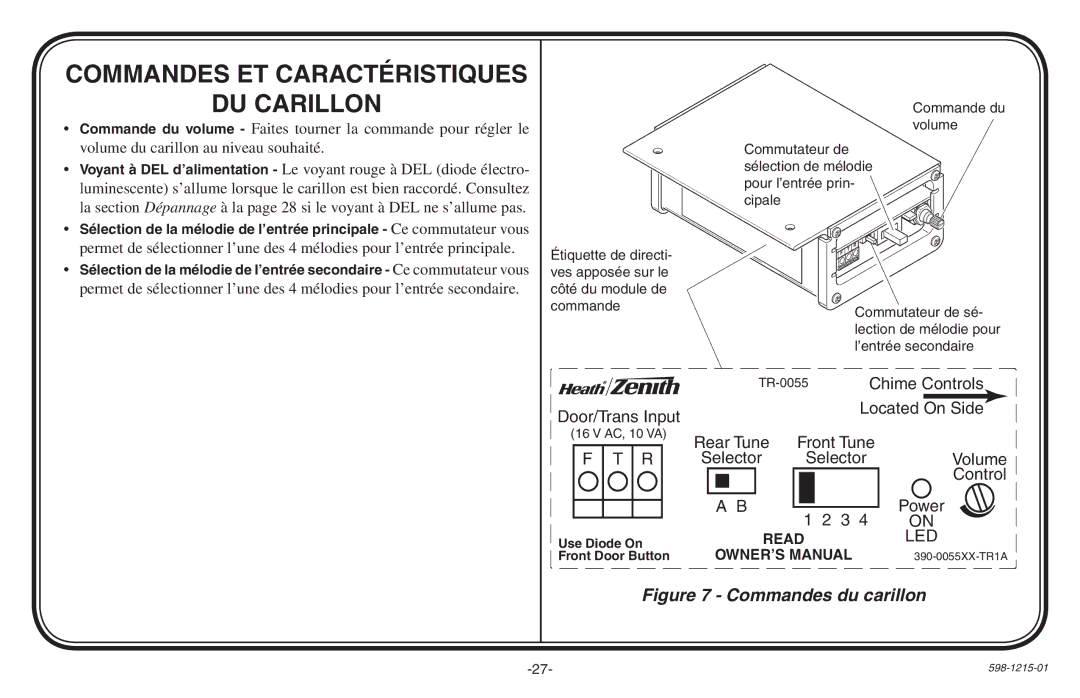 Heath Zenith 598-1215-01 owner manual Commandes ET Caractéristiques DU Carillon, Commandes du carillon 