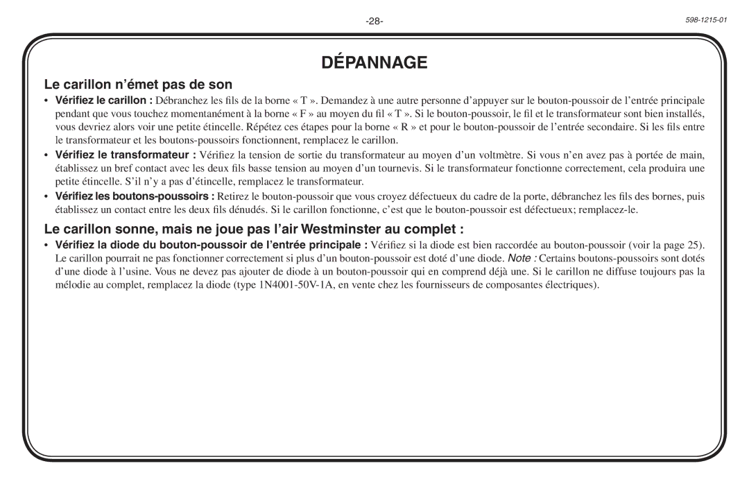 Heath Zenith 598-1215-01 owner manual Dépannage, Le carillon n’émet pas de son 