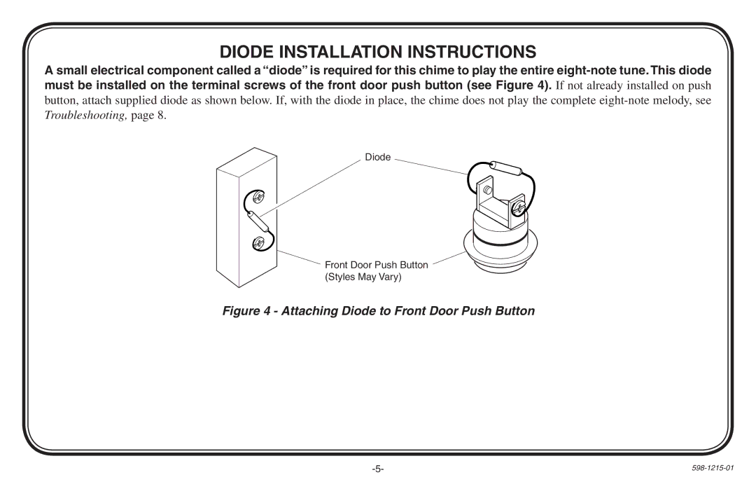 Heath Zenith 598-1215-01 owner manual Diode Installation Instructions, Attaching Diode to Front Door Push Button 