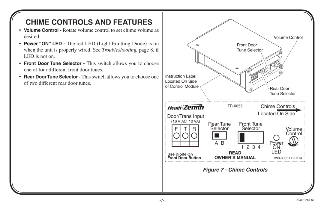 Heath Zenith 598-1215-01 owner manual Chime controls and features, Chime Controls 