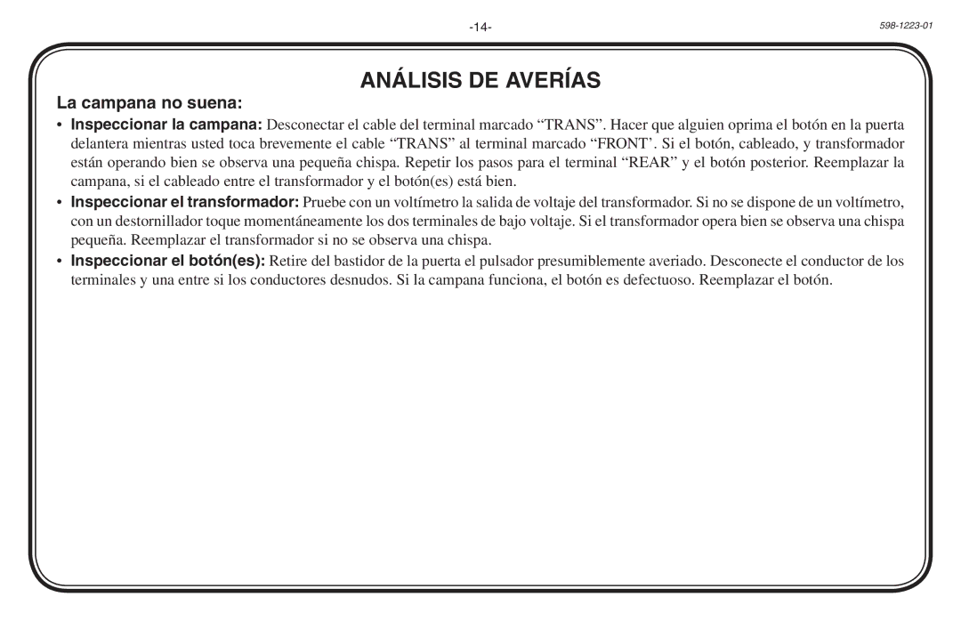 Heath Zenith 598-1223-01 manual Análisis DE Averías, La campana no suena 