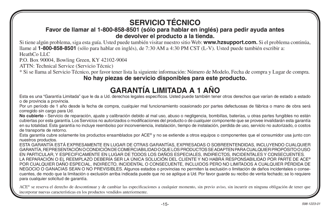 Heath Zenith 598-1223-01 manual Servicio Técnico, Garantía Limitada a 1 AÑO 