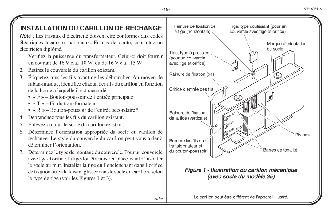 Heath Zenith 598-1223-01 manual Installation DU Carillon DE Rechange 