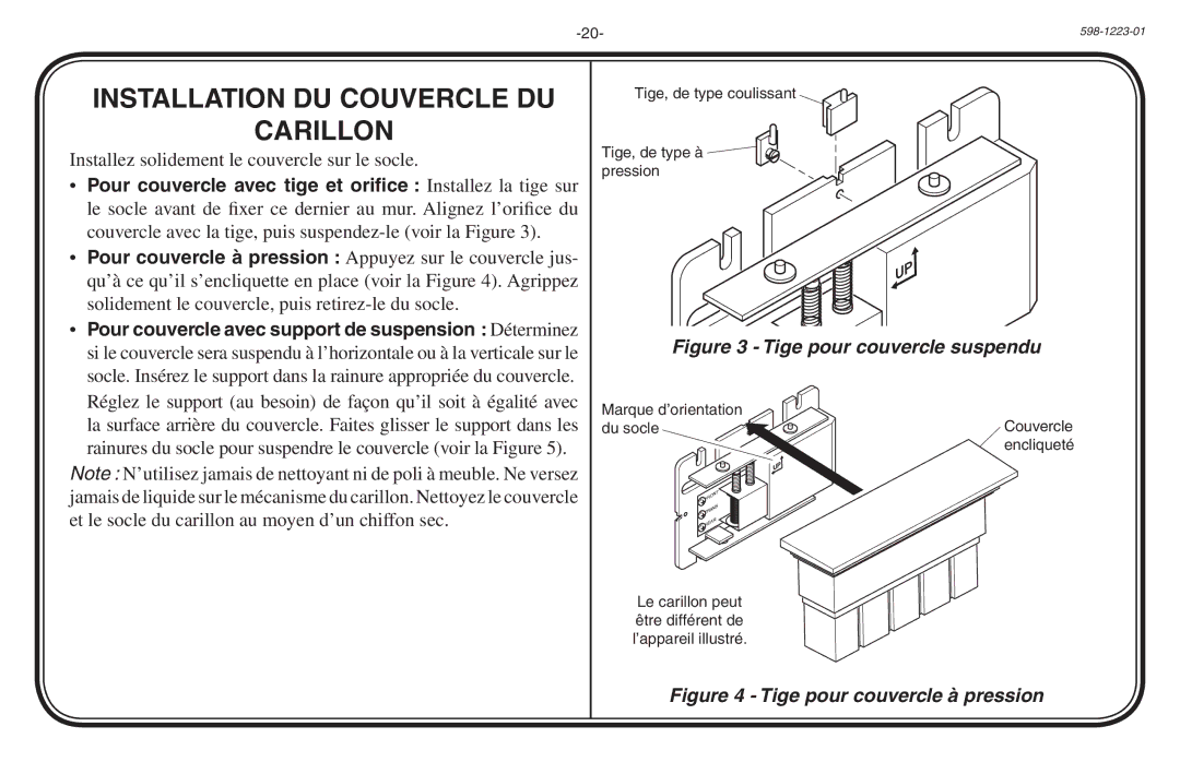 Heath Zenith 598-1223-01 manual Installation DU Couvercle DU, Carillon 