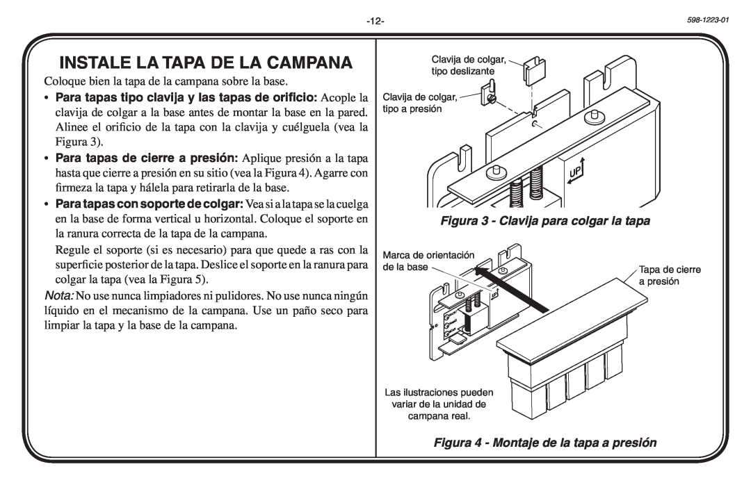 Heath Zenith 598-1223-01 manual Instale La Tapa De La Campana, Para tapas tipo clavija y las tapas de orificio Acople la 