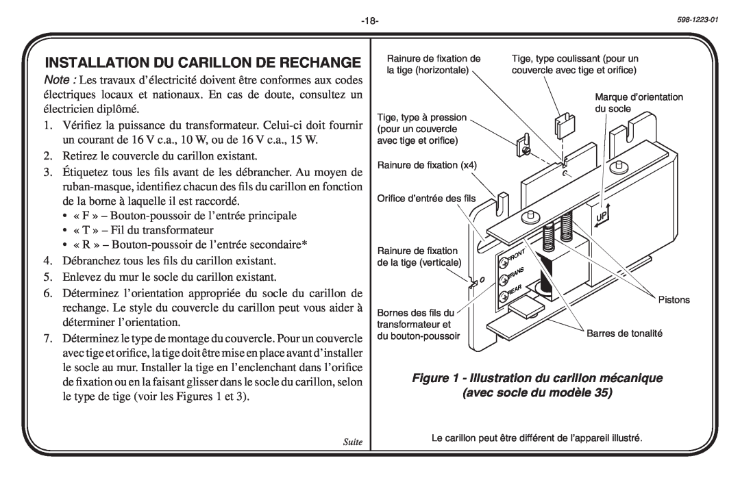 Heath Zenith 598-1223-01 Installation Du Carillon De Rechange, Illustration du carillon mécanique avec socle du modèle 