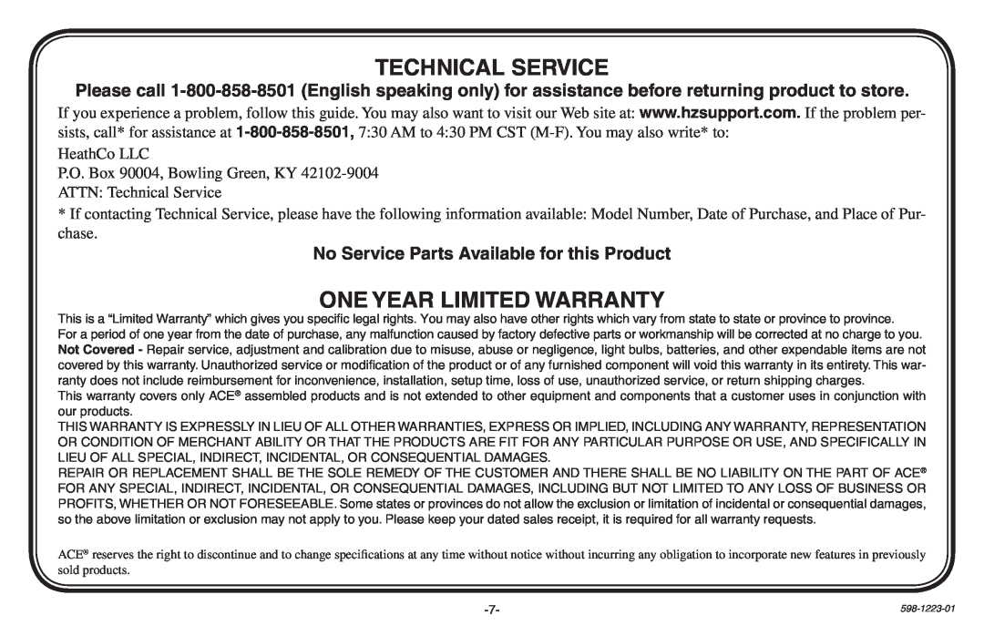 Heath Zenith 598-1223-01 manual Technical Service, One Year Limited Warranty, No Service Parts Available for this Product 
