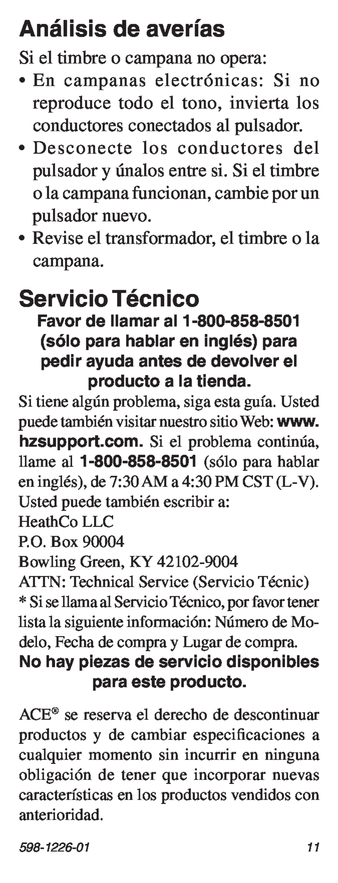 Heath Zenith 598-1226-01 manual Análisis de averías, Servicio Técnico, HeathCo LLC P.O. Box Bowling Green, KY 