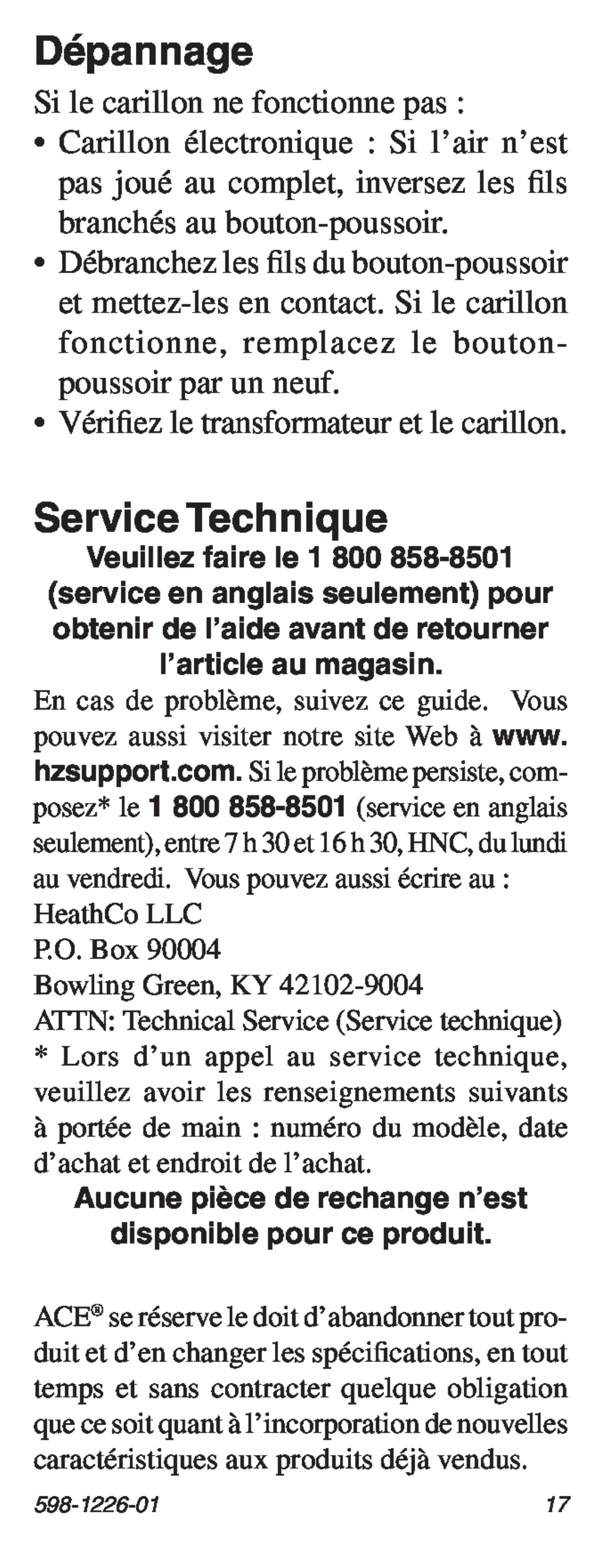 Heath Zenith 598-1226-01 manual Dépannage, Service Technique, Si le carillon ne fonctionne pas 