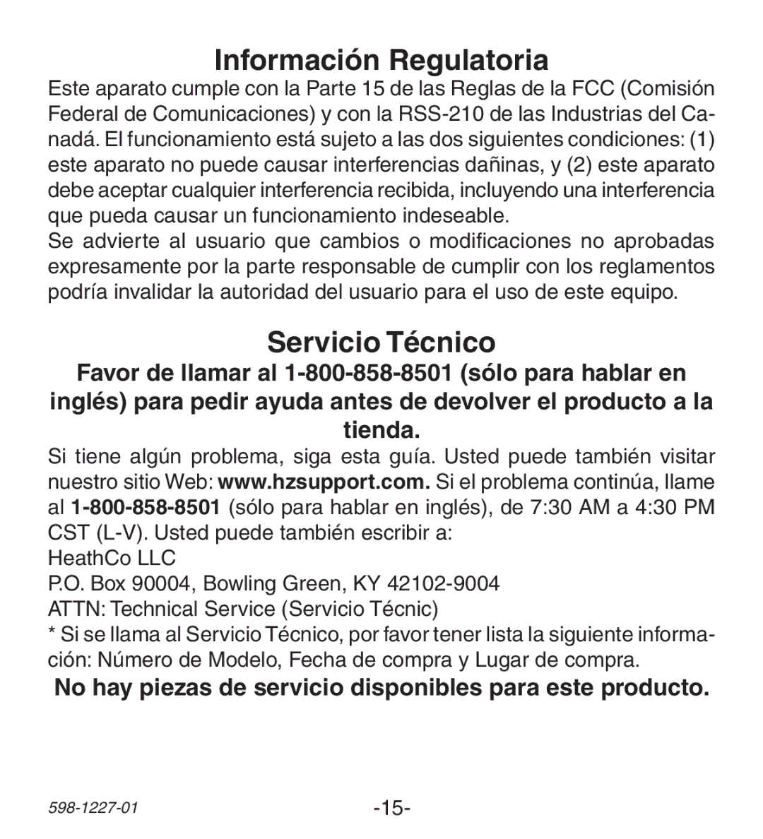 Heath Zenith 598-1227-01 manual Información Regulatoria, Servicio Técnico 