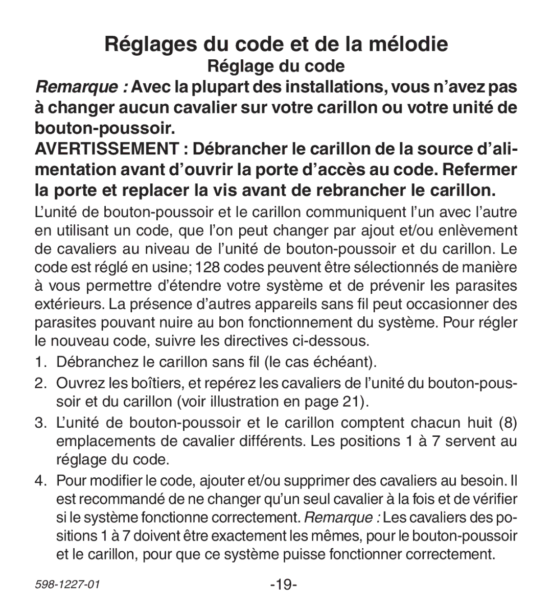 Heath Zenith 598-1227-01 manual Réglages du code et de la mélodie 