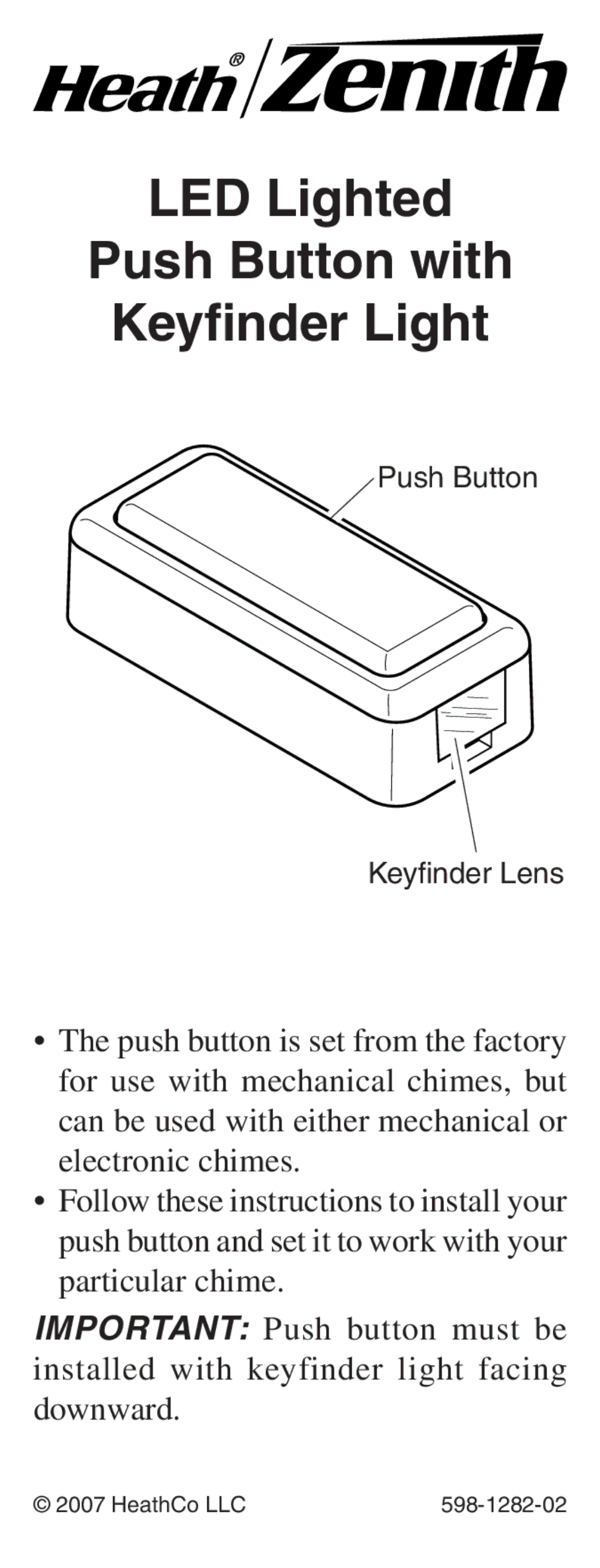 Heath Zenith 598-1282-02 manual LED Lighted Push Button with Keyfinder Light 