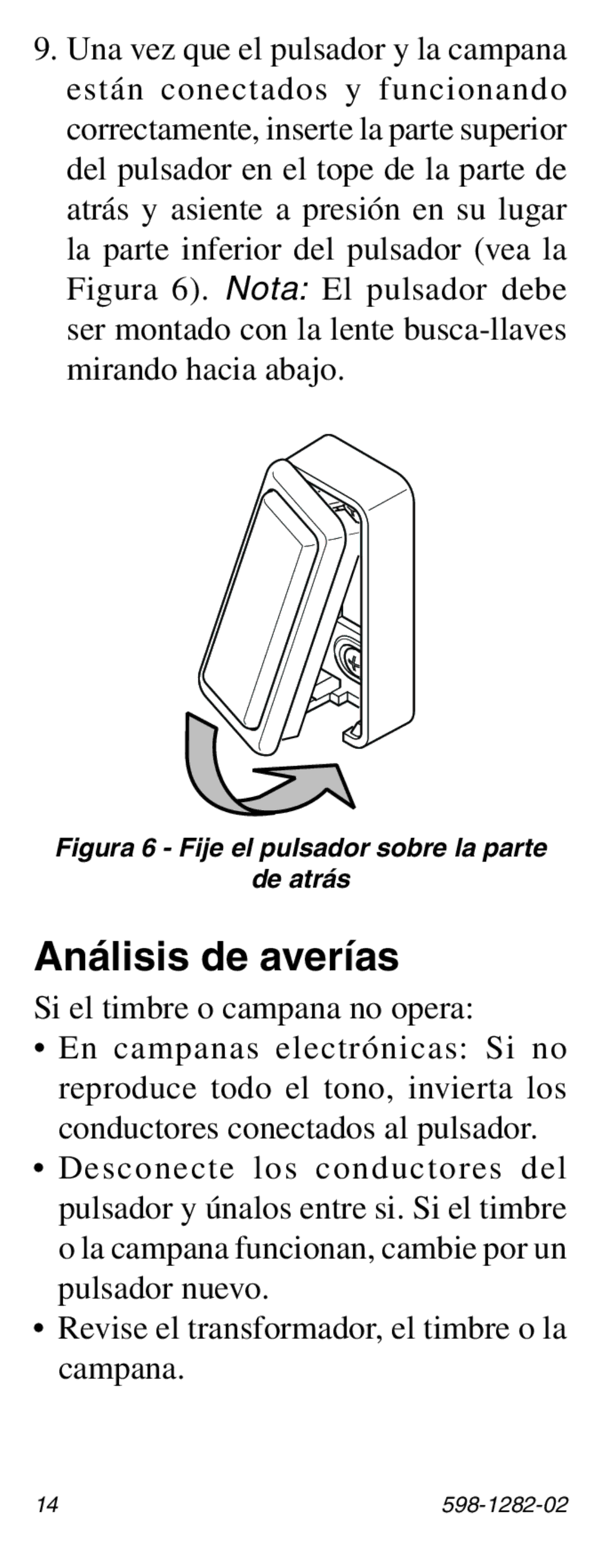 Heath Zenith 598-1282-02 manual Análisis de averías, Figura 6 Fije el pulsador sobre la parte De atrás 