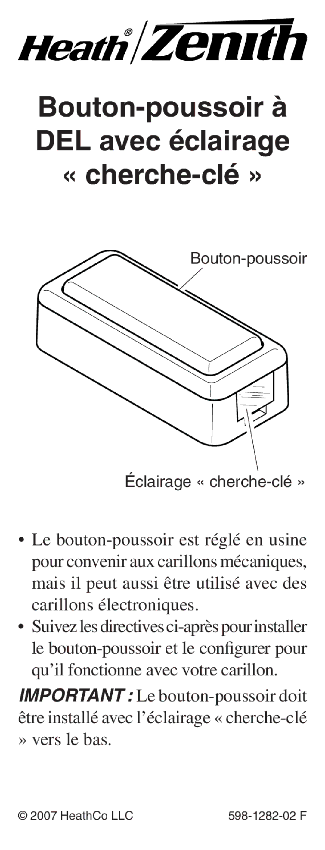 Heath Zenith 598-1282-02 manual Bouton-poussoir à DEL avec éclairage « cherche-clé » 