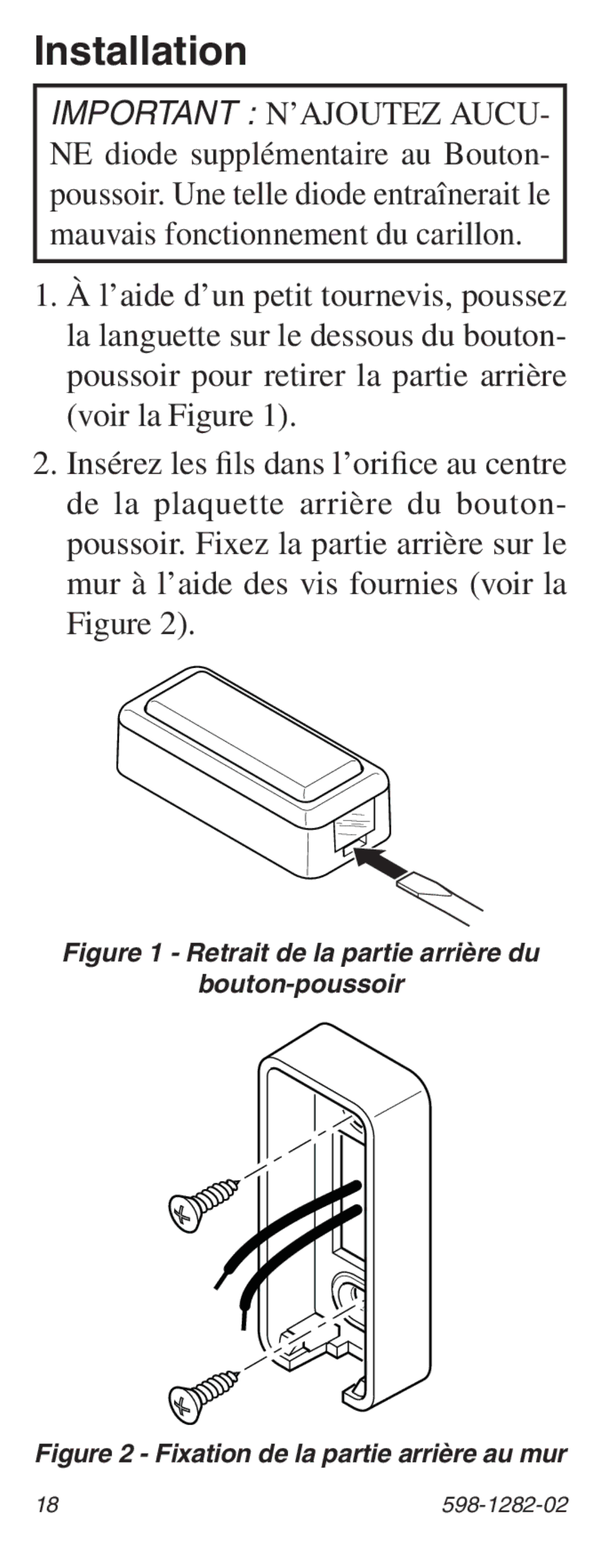 Heath Zenith 598-1282-02 manual Retrait de la partie arrière du Bouton-poussoir 