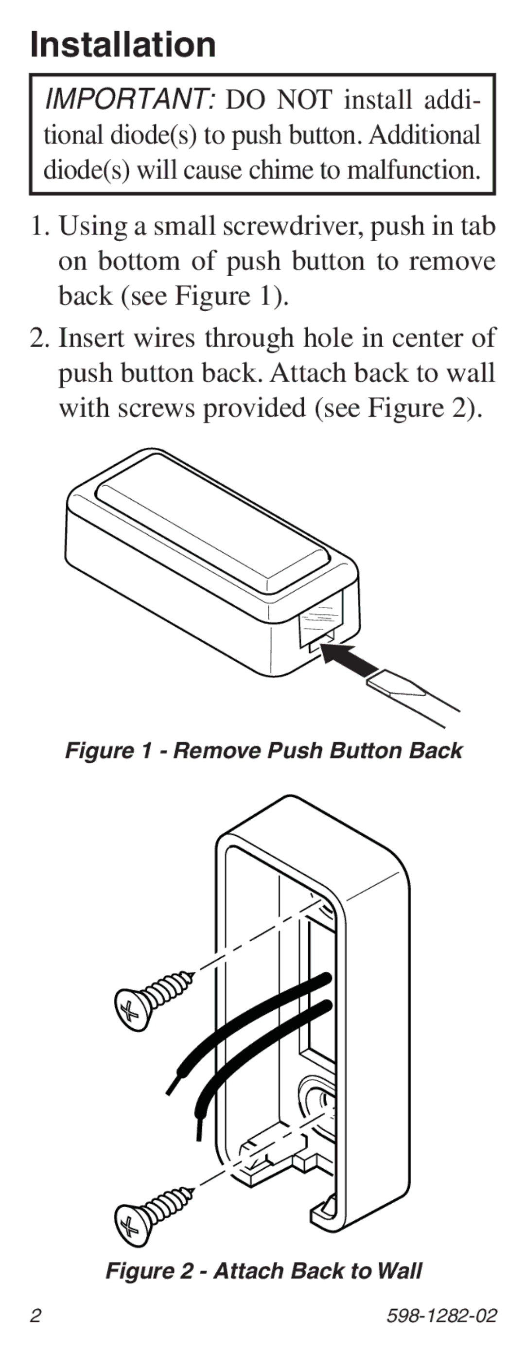 Heath Zenith 598-1282-02 manual Installation, Remove Push Button Back 