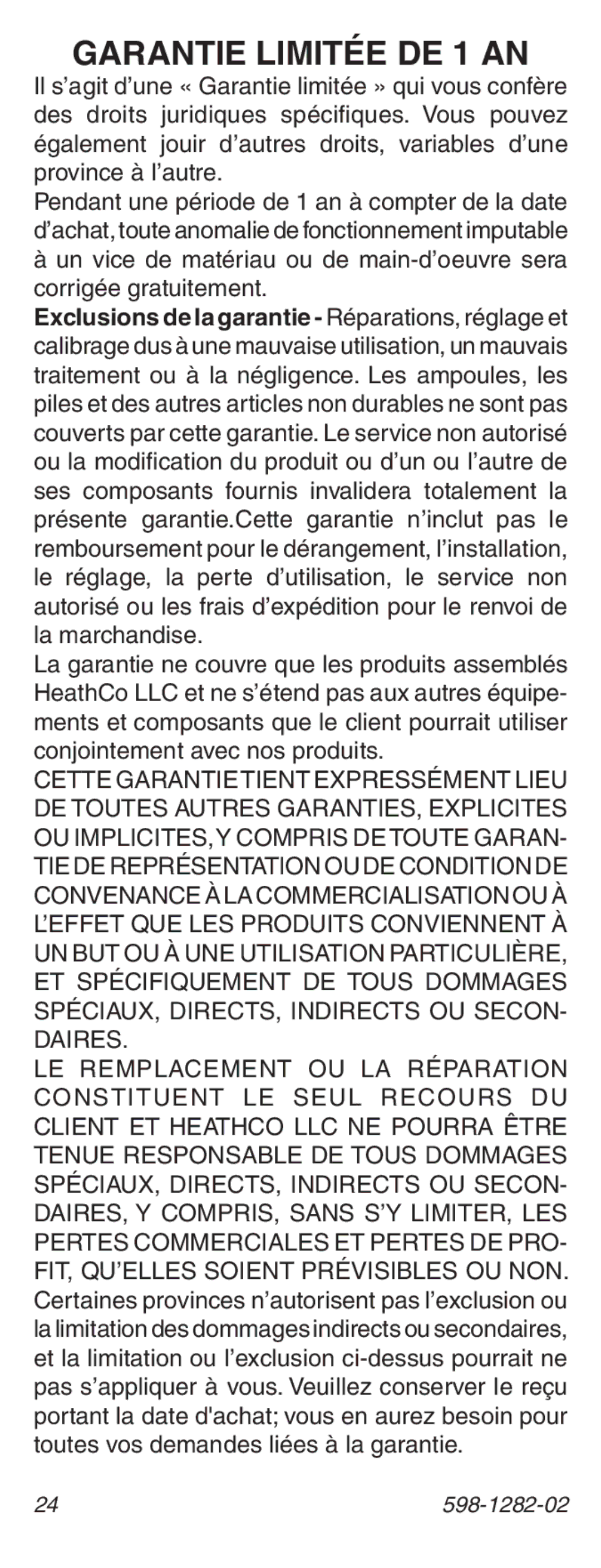 Heath Zenith 598-1282-02 manual Garantie Limitée DE 1 AN 