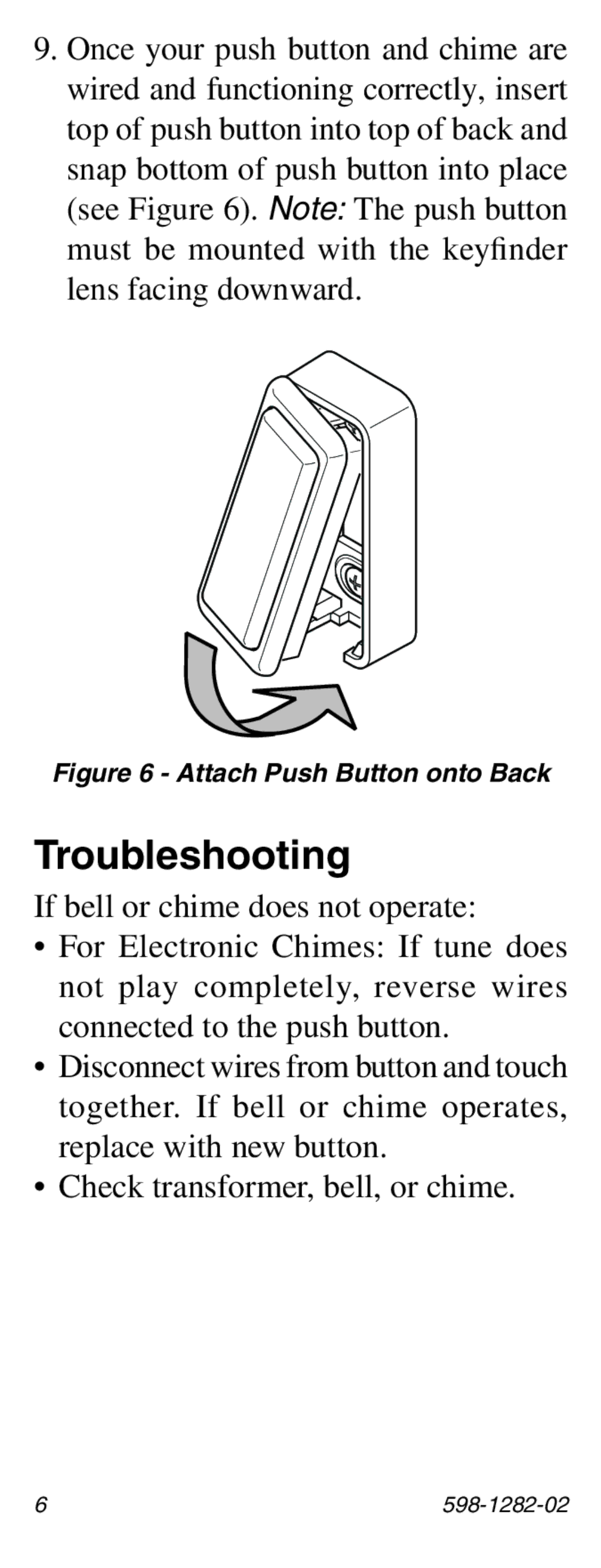 Heath Zenith 598-1282-02 manual Troubleshooting, Attach Push Button onto Back 