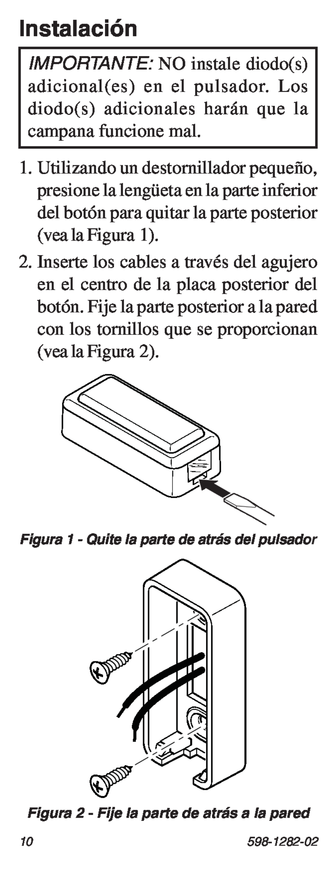 Heath Zenith 598-1282-02 manual Instalación, Figura 1 - Quite la parte de atrás del pulsador 